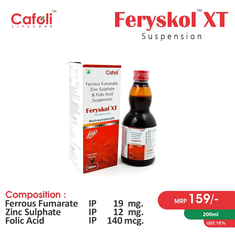 Ferrous Fumarate (19mg) + Zinc Sulphate (12mg) + Folic Acid (140mcg) in Feryskol XT Syrup PCD Franchise at Best Price